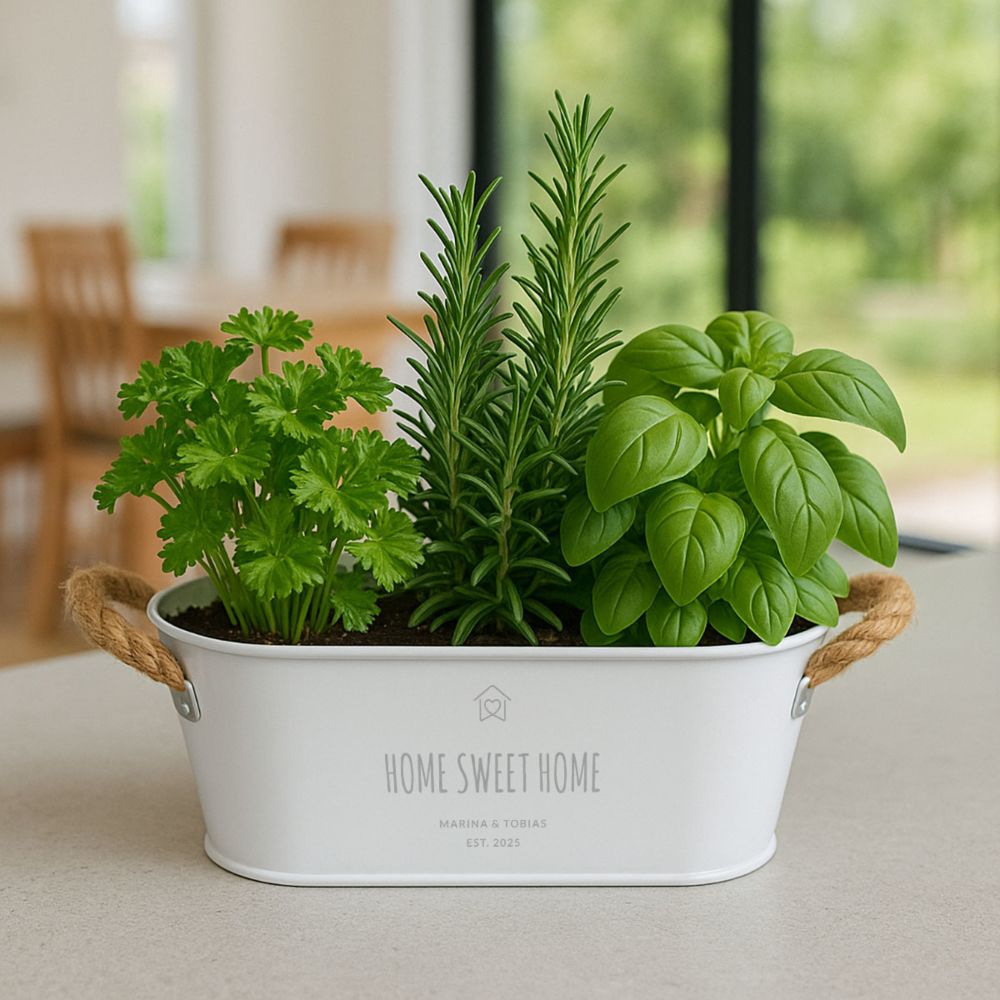 Personalisierbarer Blumenkasten mit Symbol und Text