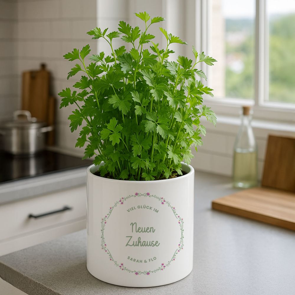 Personalisierbarer Blumentopf mit Text und Kranz