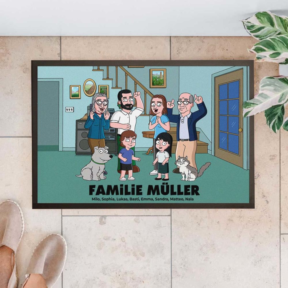 Personalisierbare Fußmatten-Illustration Zeichentrick Familie