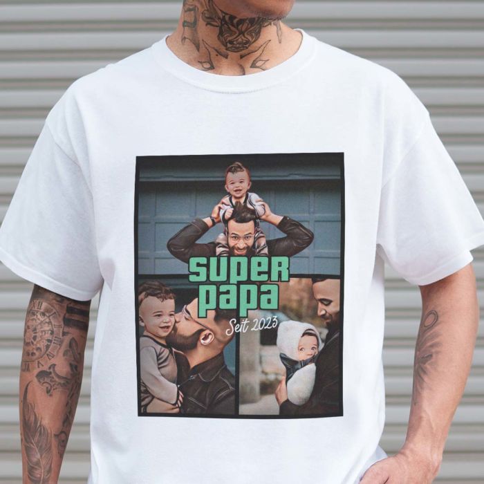 Personalisierbares T-Shirt mit drei Fotos und Text